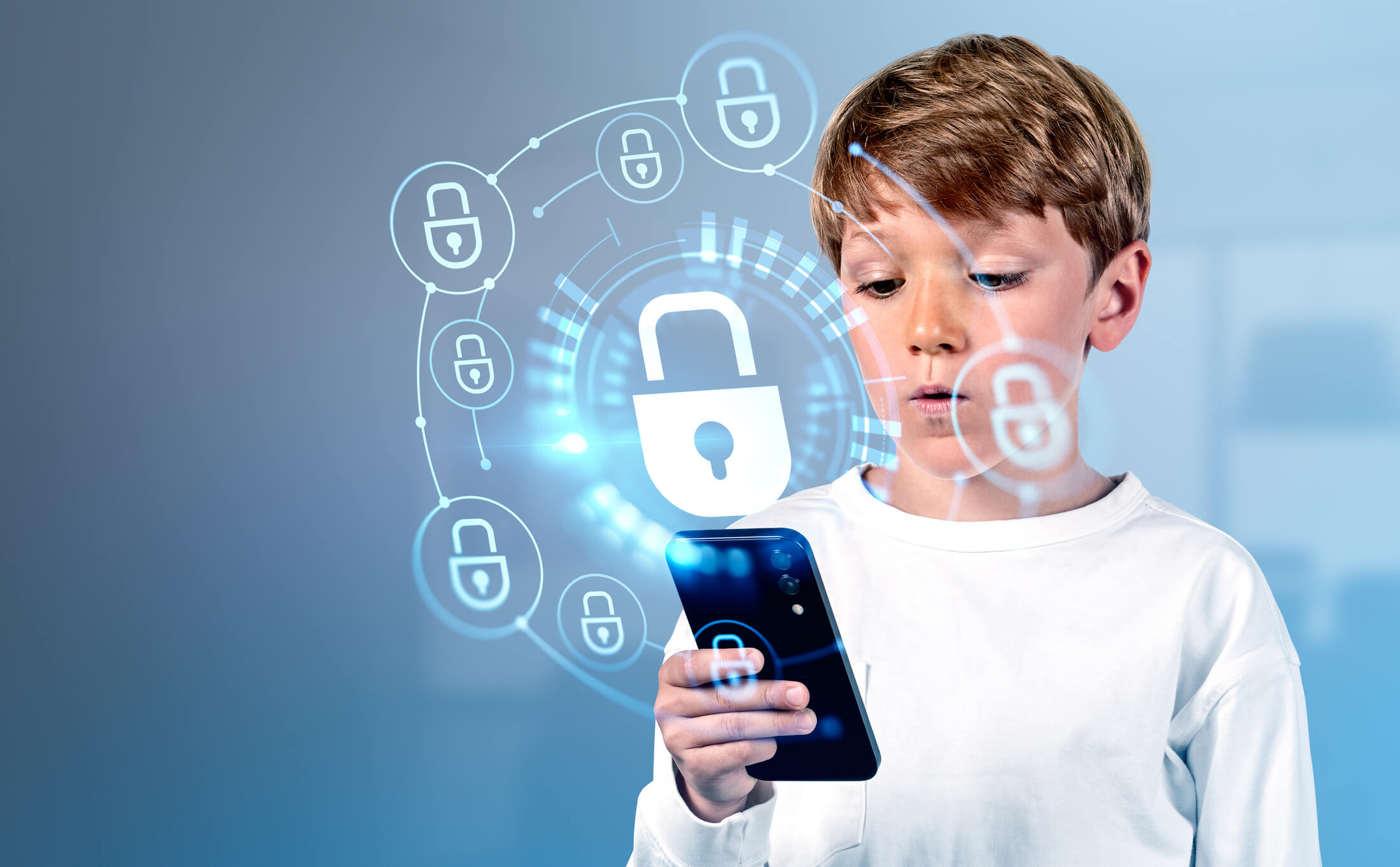 Boy with smartphone, data protection interface