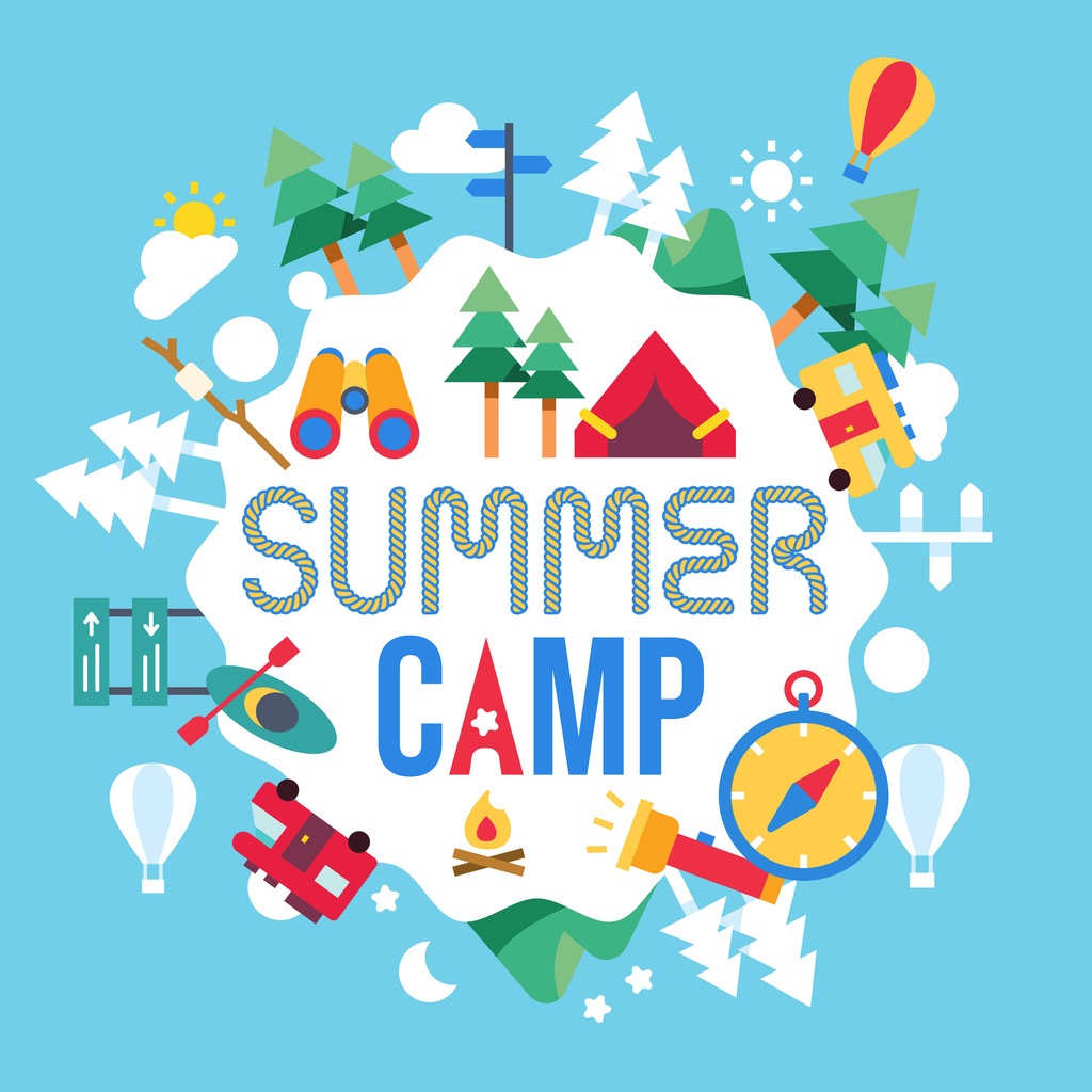 Colorful poster with images of various activities at a summer camp