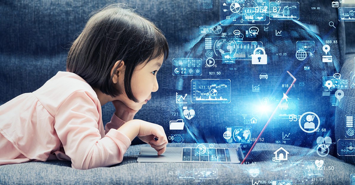 Child lying on a couch, intently looking at a laptop with digital data visualizations surrounding her.