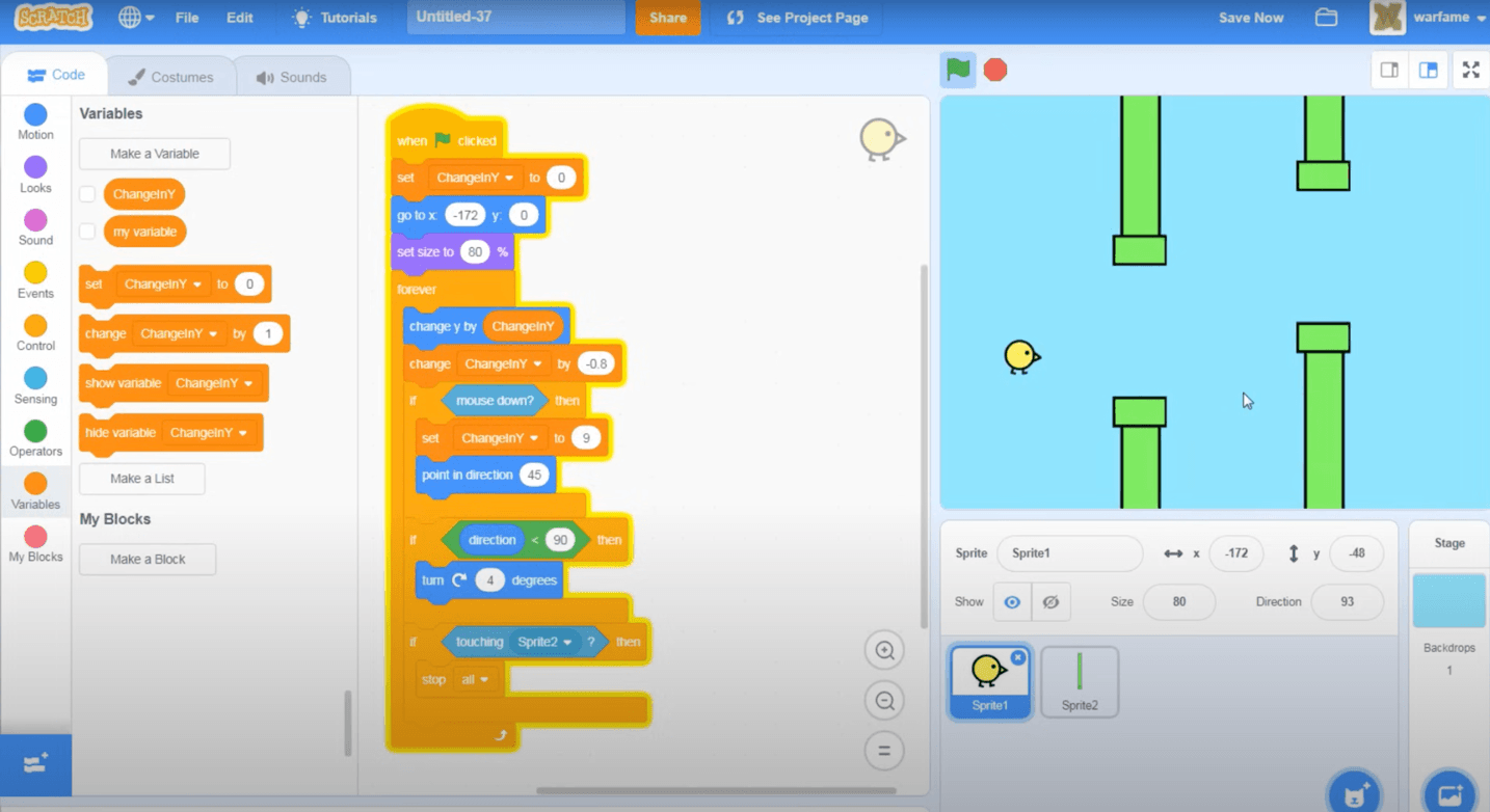 Scratch interface showing the addition of backgrounds and visual elements for a bird game project