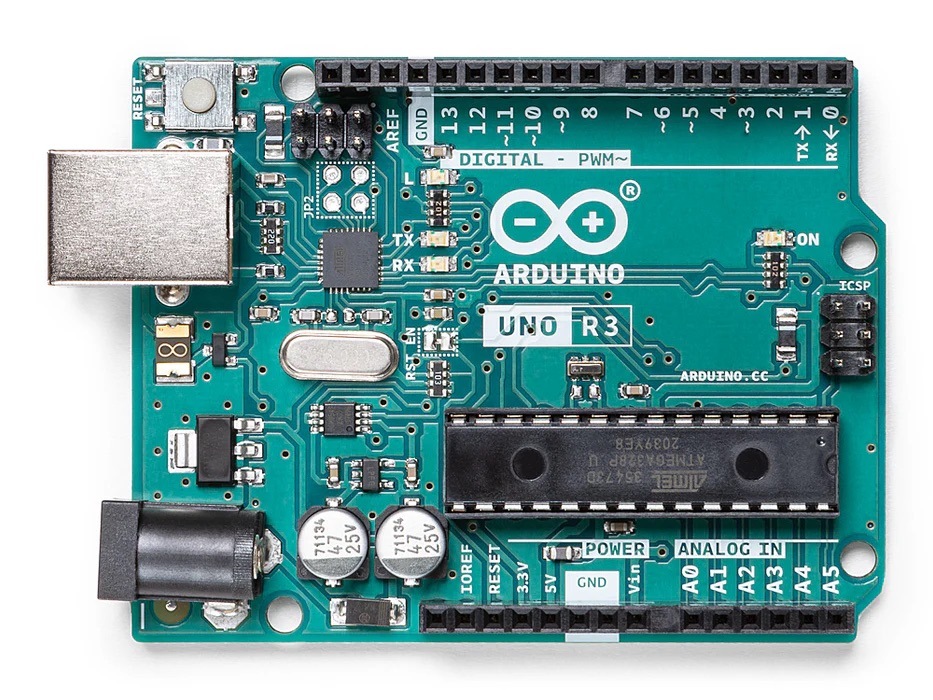 Close-up view of an Arduino Uno R3 board