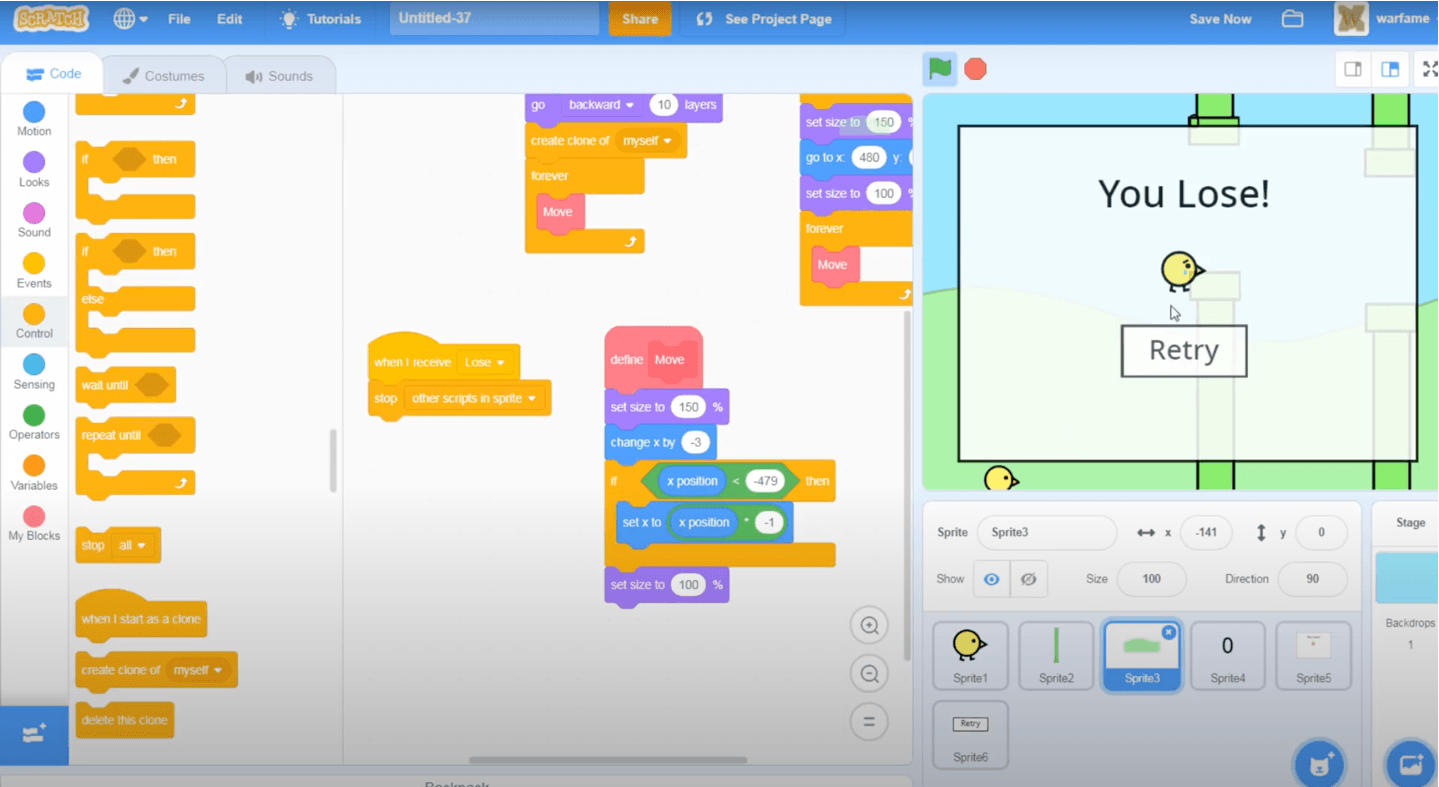 Scratch interface displaying the code blocks for setting the game over condition in a bird game project.