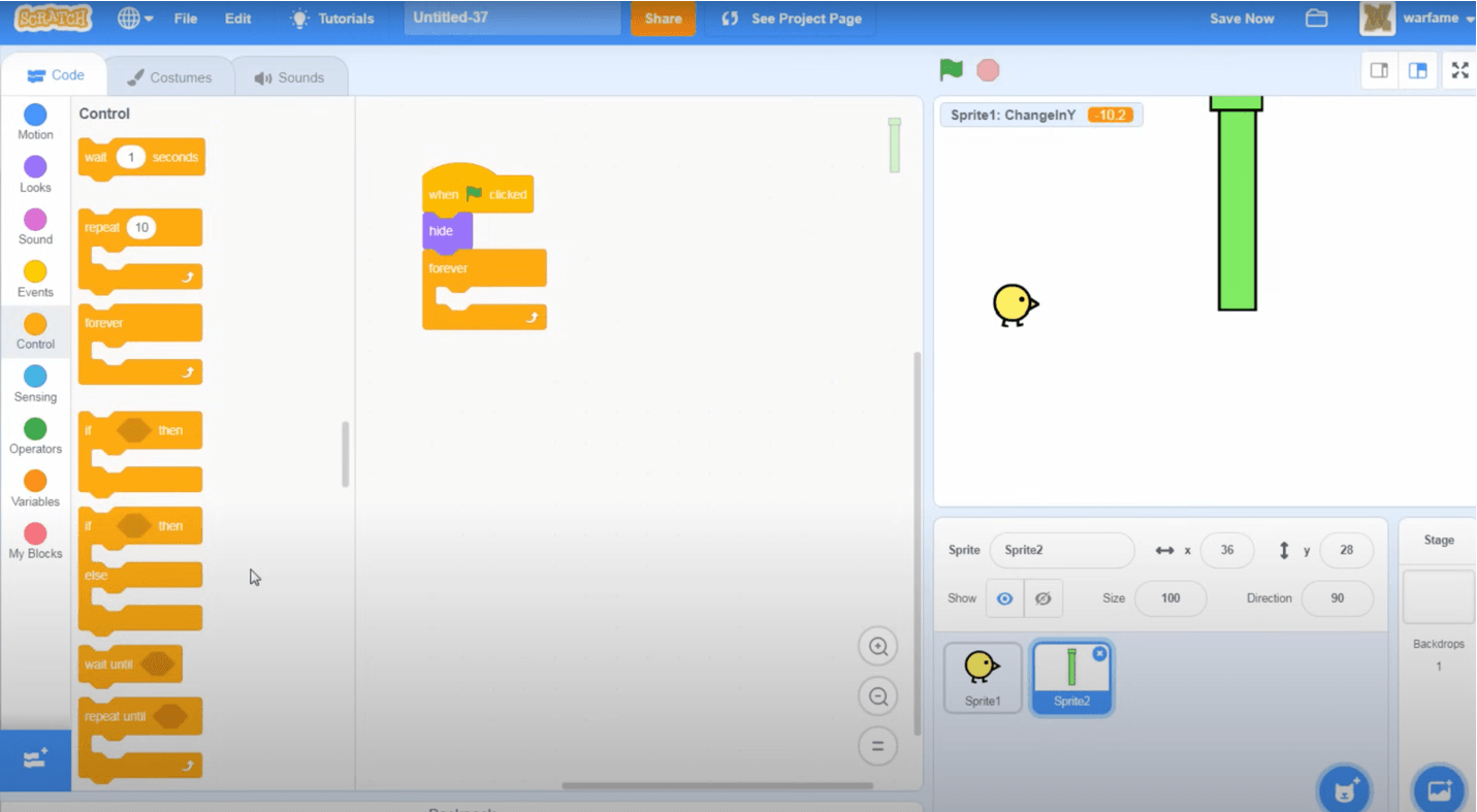 Scratch interface showing the creation of pipe sprites for a bird game project.