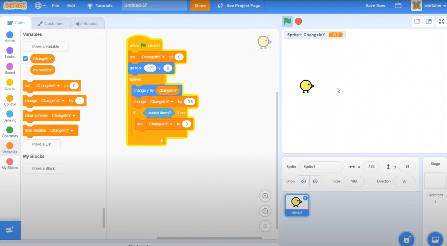 Scratch interface displaying the code blocks for the flap mechanism in a bird game project.