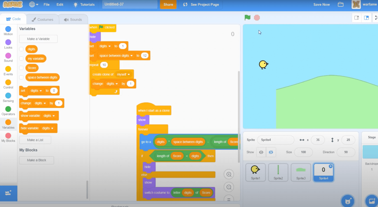 Scratch interface showing the code blocks for keeping score in a bird game project.