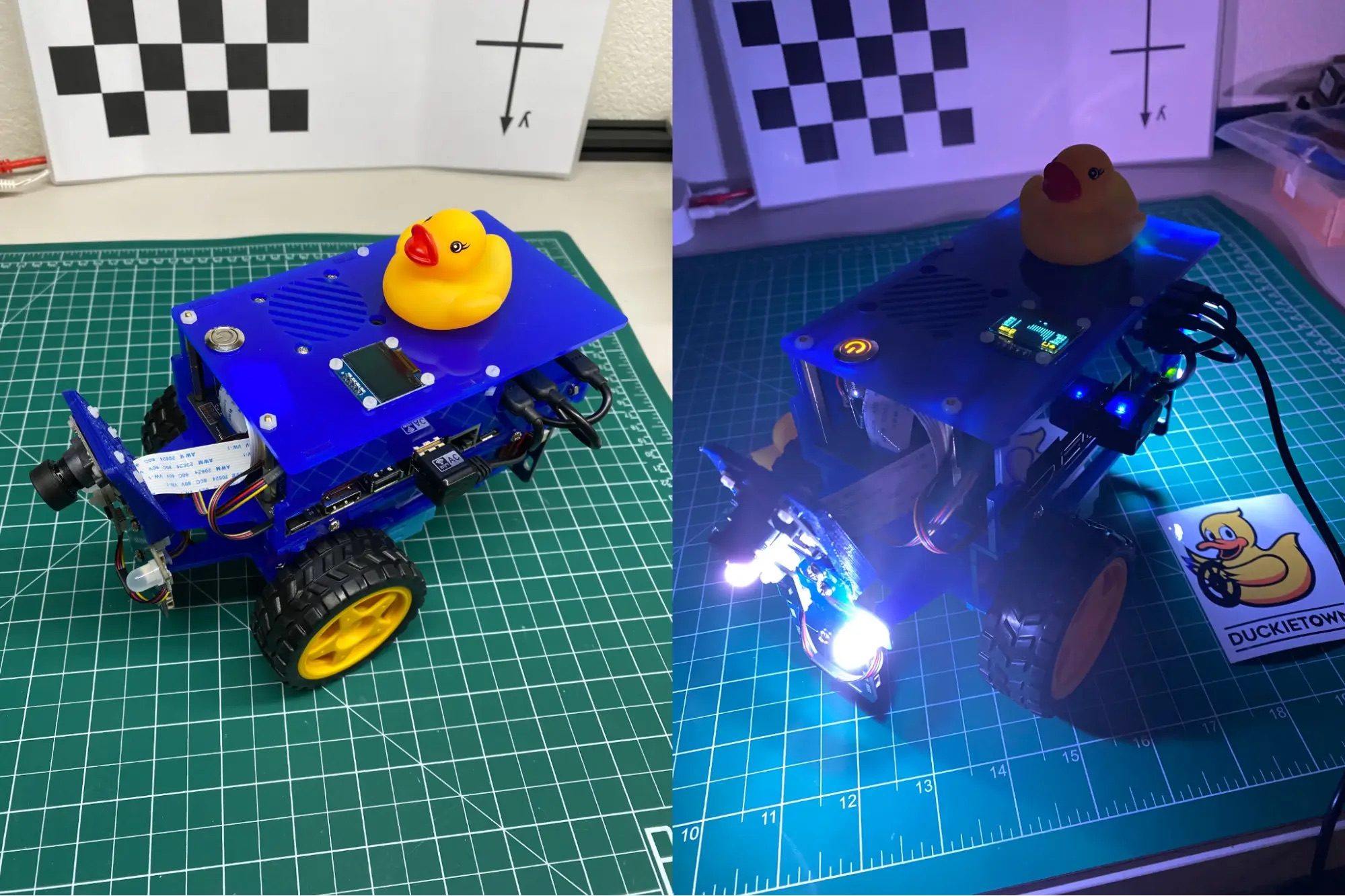 Two images of a small robotics kit with a rubber duck on top, showing it in normal light and in the dark with LED lights.