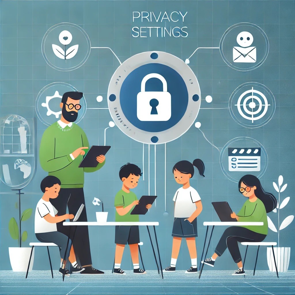 Illustration of a teacher and children with tablets, emphasizing privacy settings with a large lock icon in the center