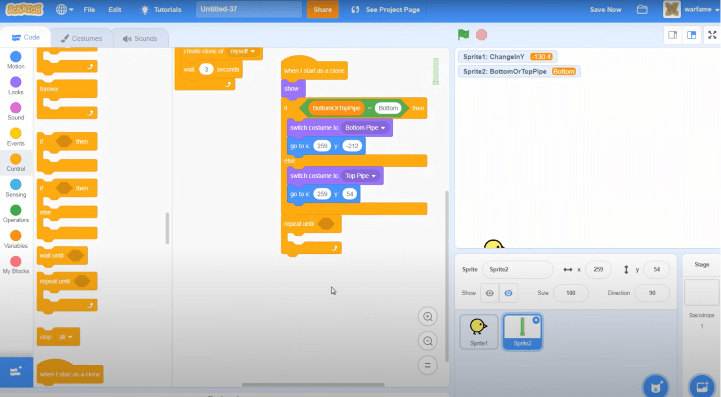 Scratch interface displaying the code blocks for setting the initial position and gravity in a bird game project.