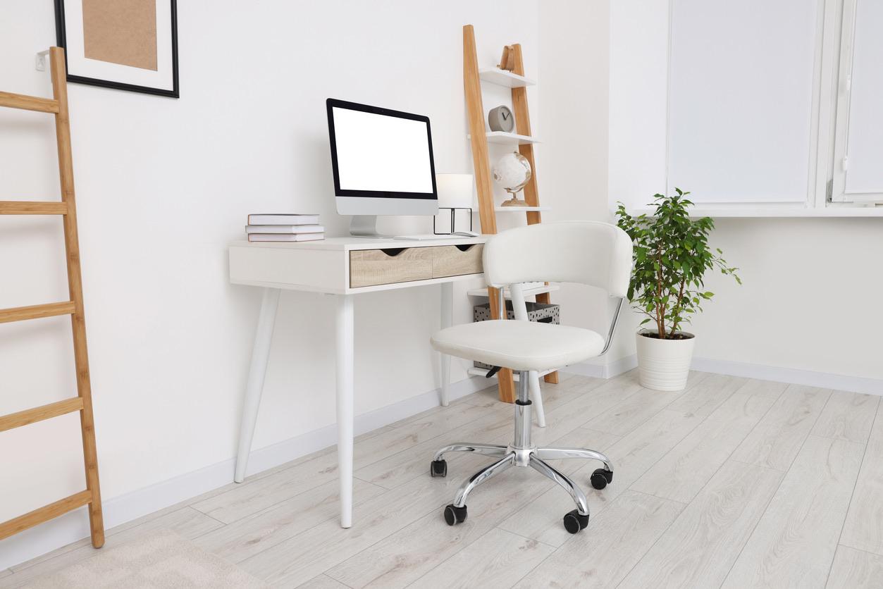 Modern home office setup with a computer, books, and a plant.