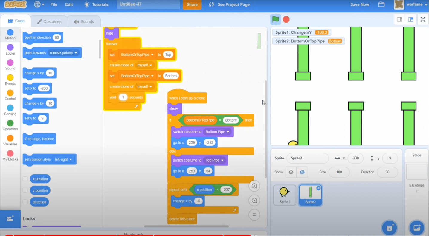 Scratch interface showing the code blocks for setting up the pipe movement in a bird game project.