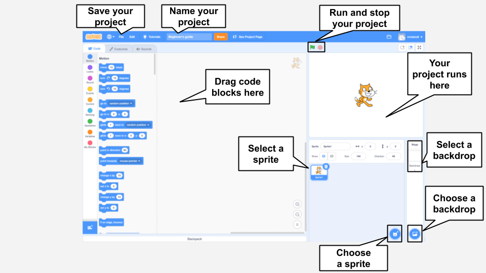 Scratch interface with labels for setting up a new project, selecting sprites, and backgrounds.