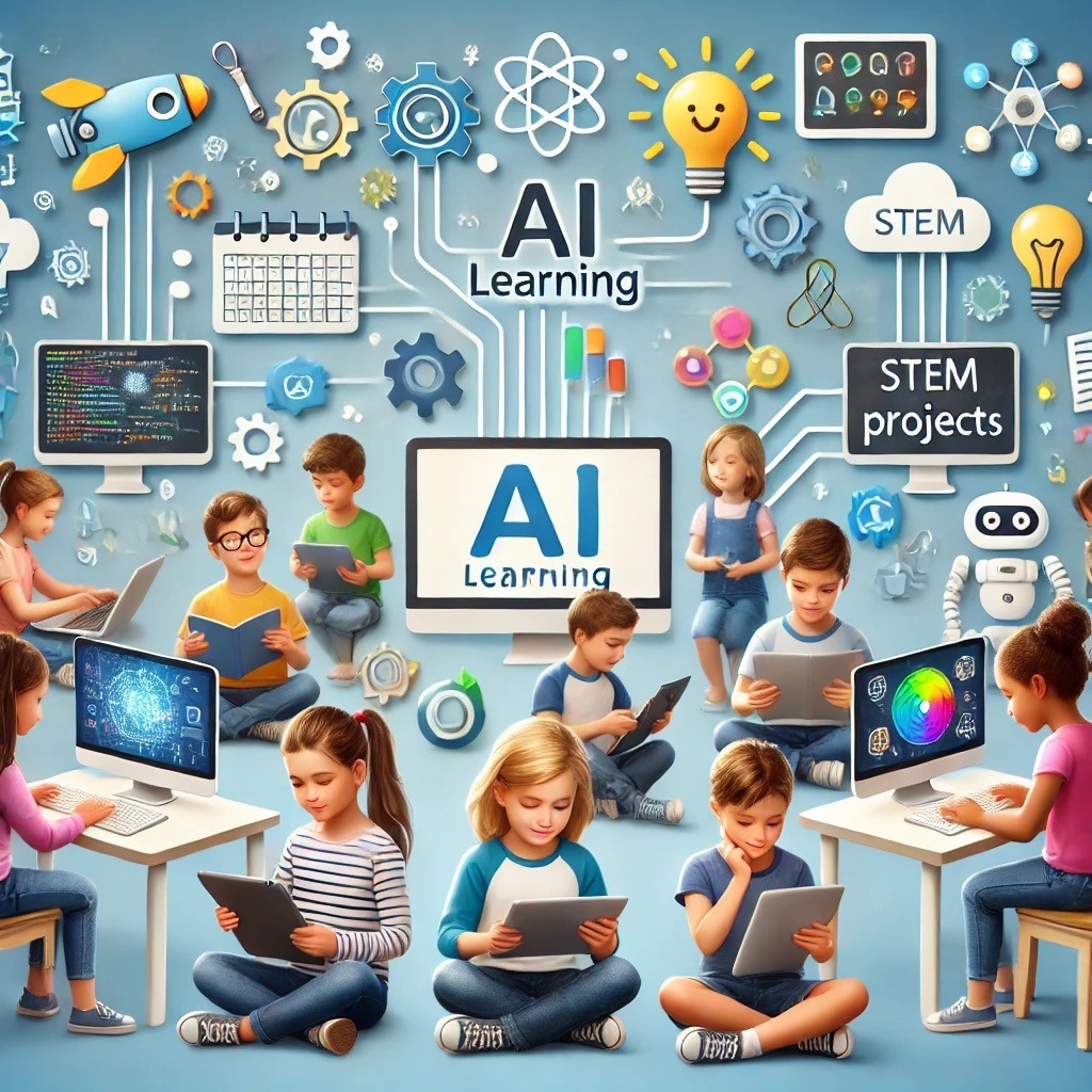 Illustration of children using various digital devices to engage with AI learning tools in a colorful and interactive environment.