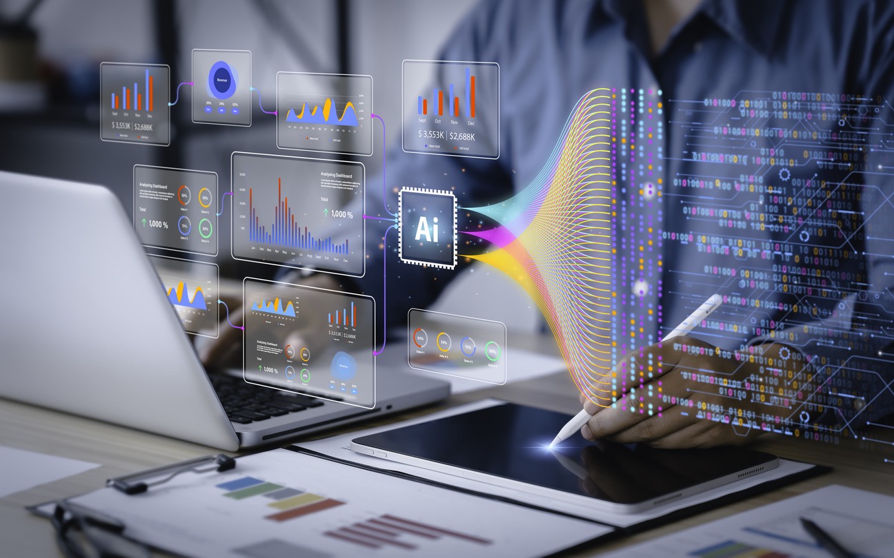 Visualization of AI data analysis with digital dashboards and charts.