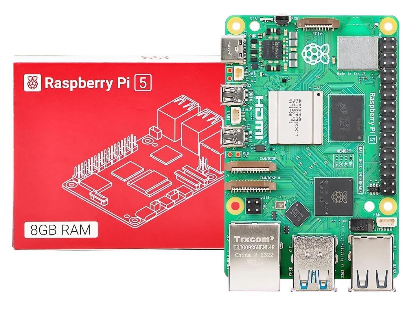 Raspberry Pi 5 board with its packaging in the background.