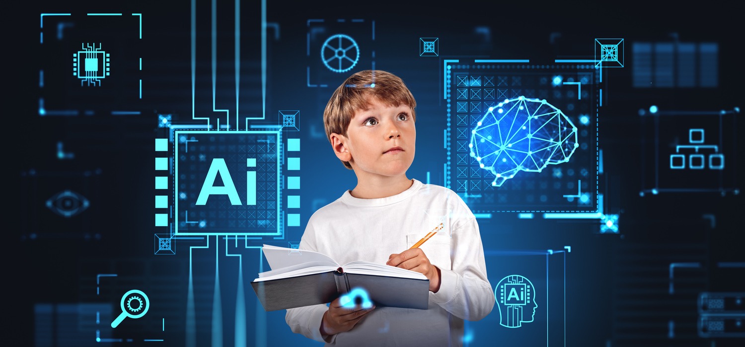 Young student with book learning about AI technology