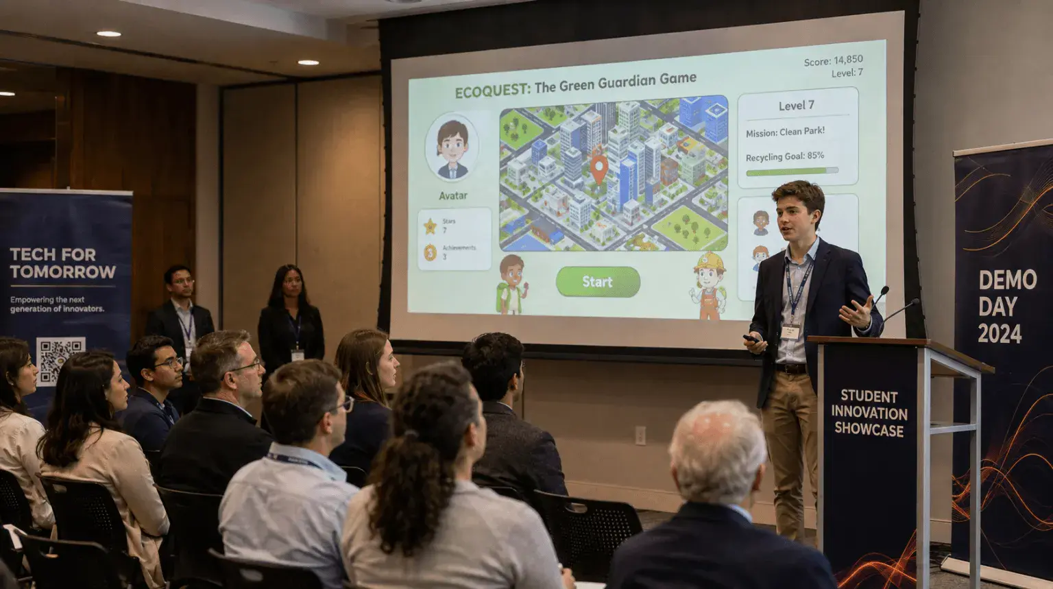 A student presenting an educational game to an audience at a student innovation showcase