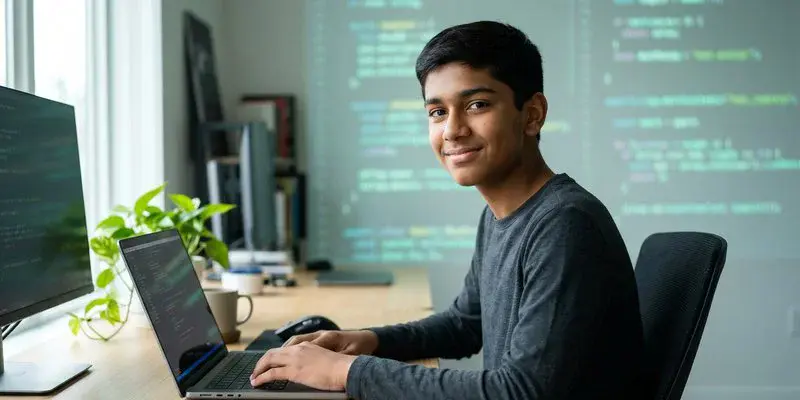 Student working on a technology venture at a desk setup