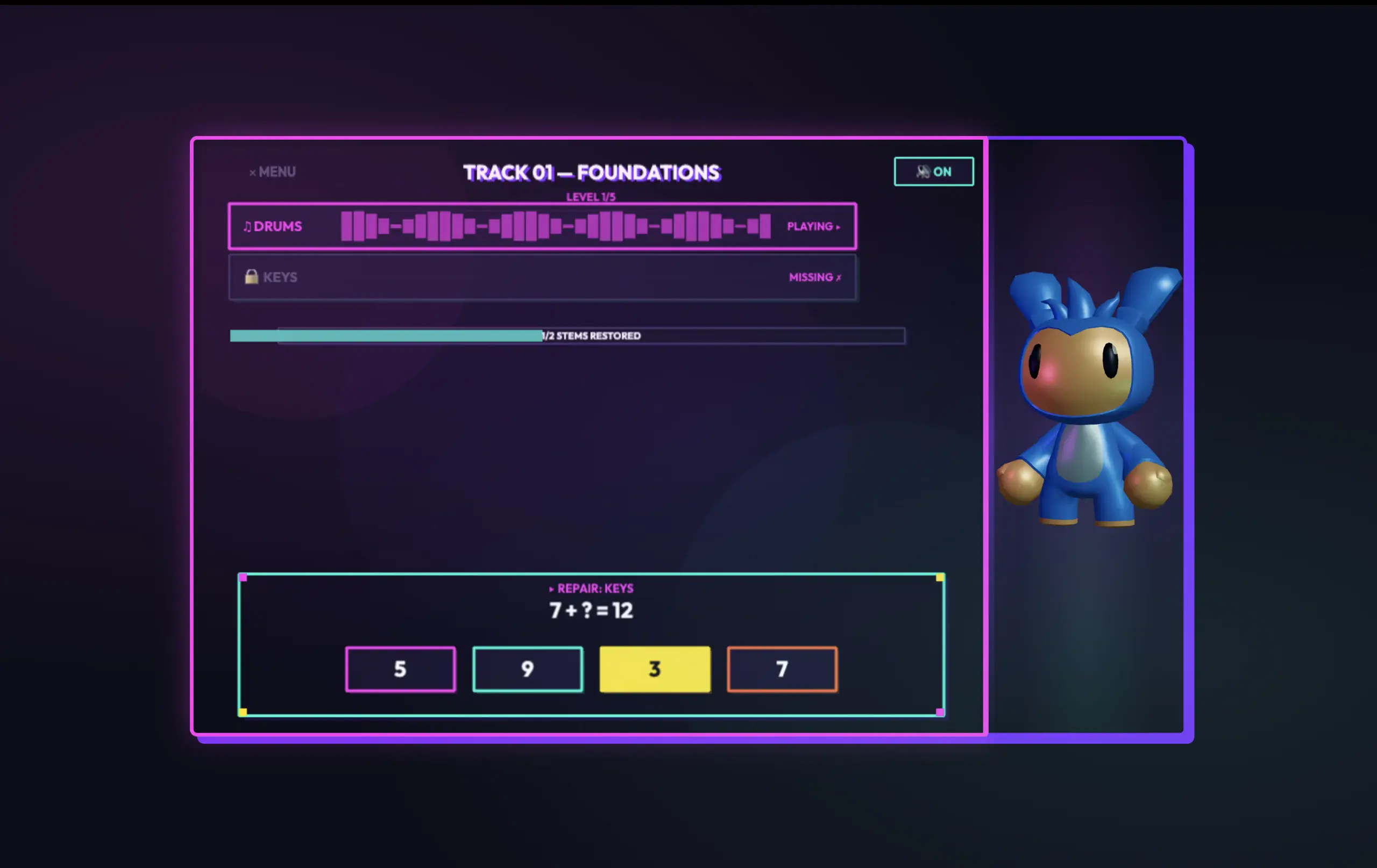 A music-based educational game with a colorful character and math challenge