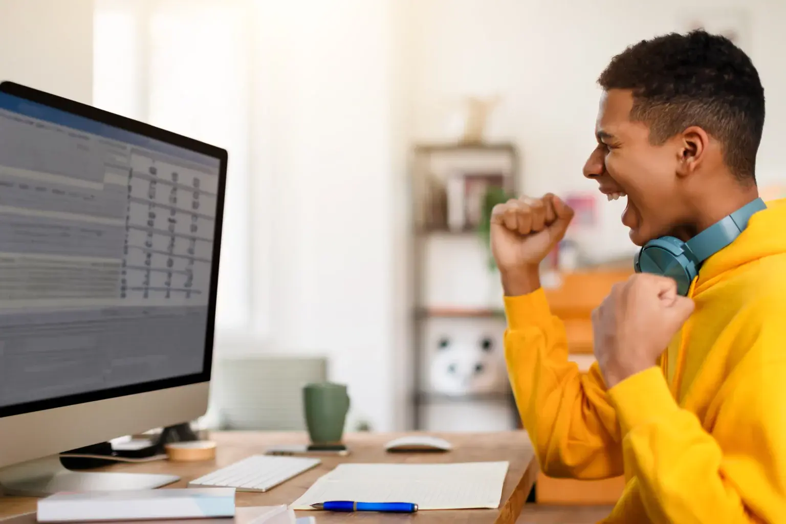 A student celebrating a result at their computer